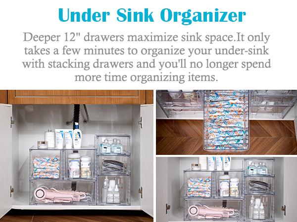 【Undersink Organizer】Vtopmart Transparent Stackable Drawer Organizer, Perfect for Pantry, Under the Sink, Organizing Snacks, Cosmetics, Tampons,Medicines,Pet supplies, FREE Stickers