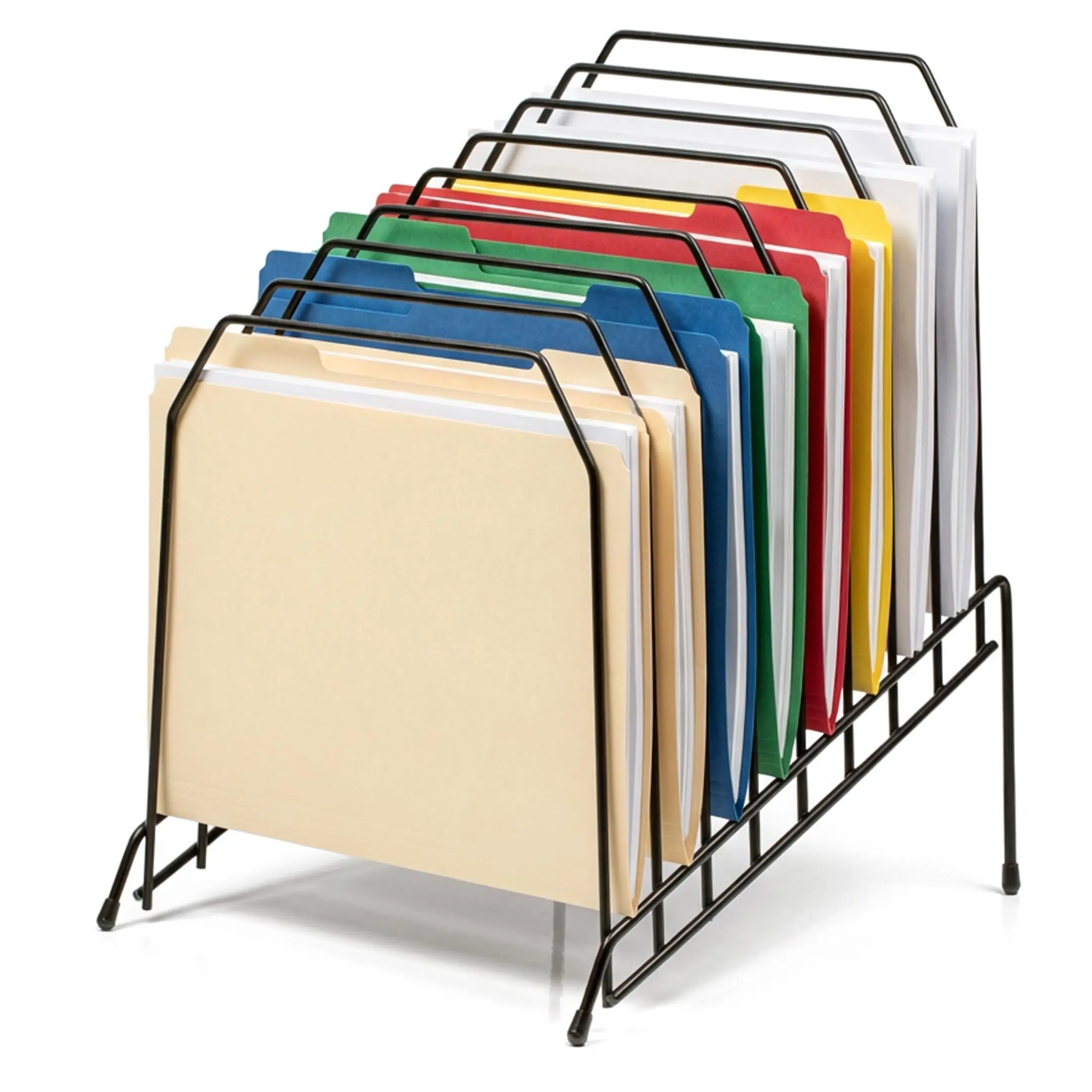 Black Metal Wire Office Filing Caddy - 8 Wide Angled Sections, Incline Design for Access, Heavy-Duty Wire, Letter/Legal Easy Sorting, Home Office Users, 8.5x10.375x12.625in, Durable, Long-Lasting Organization