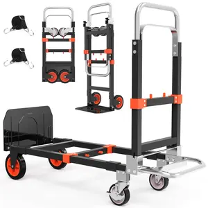 3 in 1 Heavy Duty Folding Hand Truck, Convertible Portable Steel Dolly with Telescopic Handle, Foldable Utility Cart with Rubber Wheels, 500 LBS Capacity Travel Trolley with Adjustable Strap
