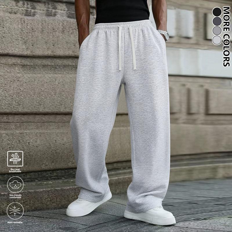 Men's Solid Gray Basic Drawstring Waist Sweatpants Micro-Elastic Comfortable Straight Casual Trousers Regular Version Spring Autumn Outdoor Sportswear Double Pockets All Seasons