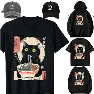 Kawaii Cat Eating Ramen Noodles Funny Anime Gift Girls Teens T-Shirt，Casual Short Sleeve Crew Neck T-shirt for Spring, Fashion Women's Top for Daily Wear，Sweatshirt, Hoodie，Unisex，For children