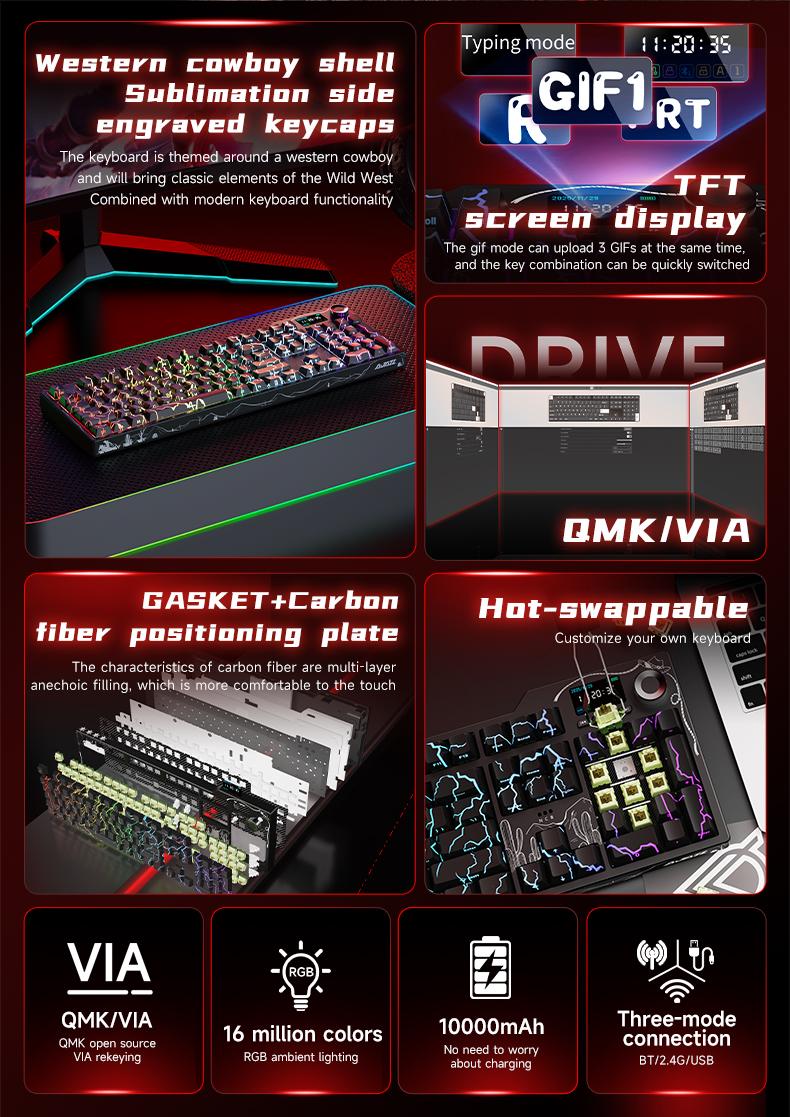 Ajazz AK35I V4 QMK Full-Size Wireless Ergonomic Mechanical Gaming Keyboard with Rotary Knob and Smart Screen Numeric Keypad. The perfect choice for both gaming and office use. Cream-colored keyboard. Christmas gift.