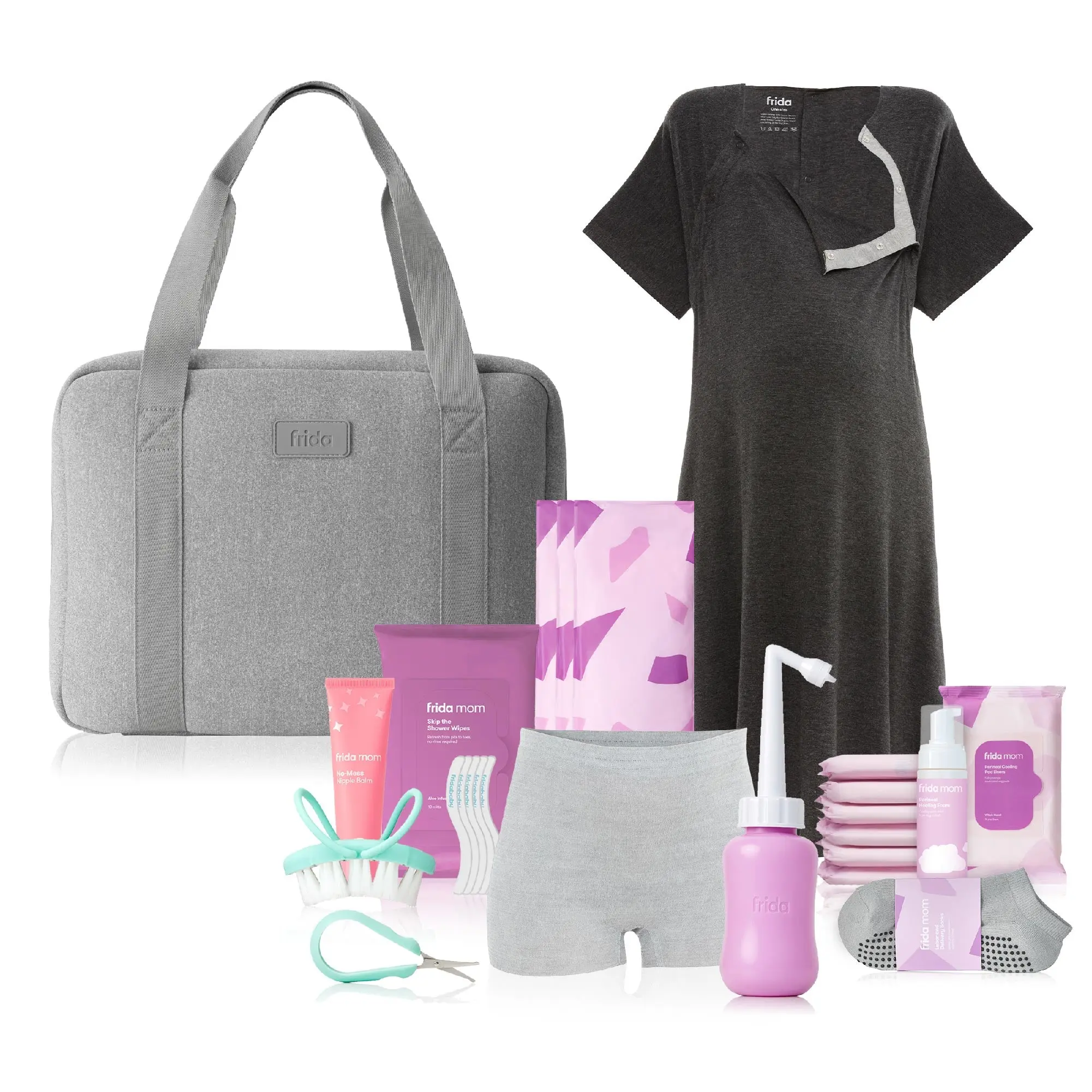 Frida Mom 30pc Pre-Packed Hospital & Diaper Bag Essentials Gift Set, Includes Labor, Postpartum, & Newborn Grooming Kit in One, Easy to Organize with Removable Toiletry Bags, & Suitcase Strap