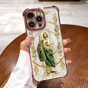 St. Jude Pattern Phone Case , Electroplated Cover with Airbag Shockproof Soft TPU Cover for iPhone X 11 12 13 14 15 16 17 Pro Max Plus Air San Judas Military-Grade Camera Cute Bow Design Mirror Magnetic Matte Polka Dot Laser Craft Anti-Shock Bling Glitter