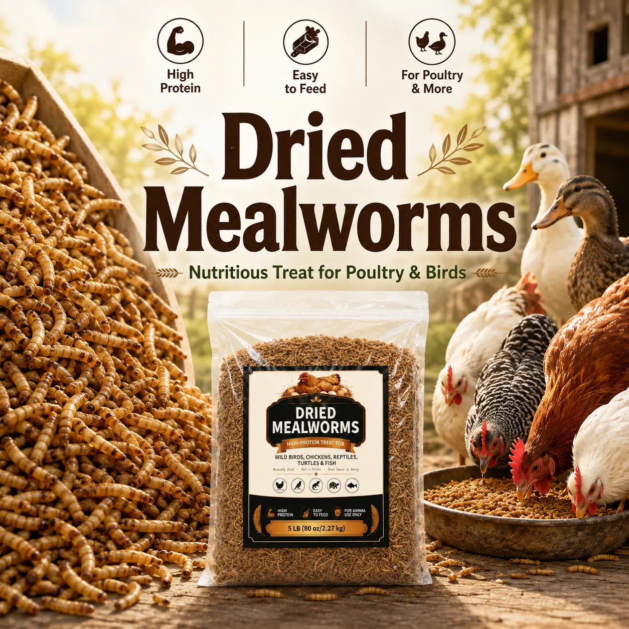5 LB Bagged Protein-Rich Dried Mealworms, Re-Sealable Treat Bag for Poultry & Wild Birds - Fresh-Storage, Easy-to-Feed Snack for Reptiles, Fish, Turtles