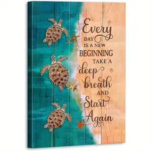 [1PC] Sea Turtle Wall Art Suitable for Home & Bathroom Decor - Vintage Sea Turtle Quote "Each Day is a New Beginning" Ink Wrap-Around Canvas Frame,Vertical Ocean Theme Painting,Wall Hanging for Bedroom,Dorm Decor