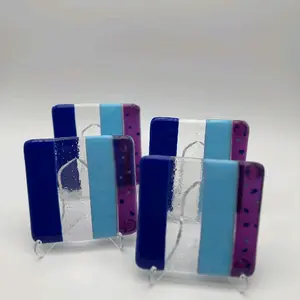 Handmade fused glass with stripes of blues and multicolored confetti coasters. Set of 4.