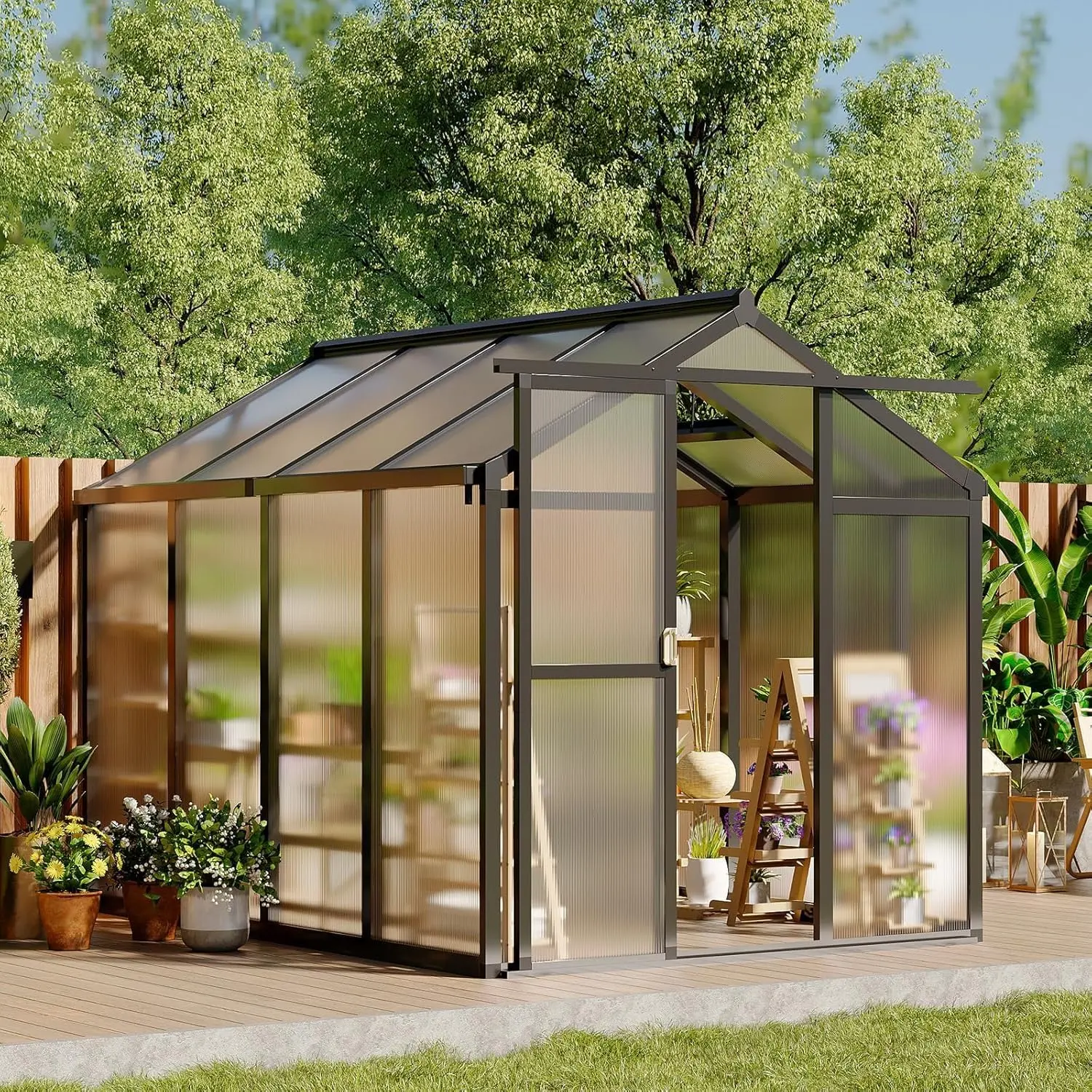 Gaomon 6x8 Ft Outdoor Heavy Duty Greenhouse - Aluminum Frame, Eco-Friendly Polycarbonate Solid Panels, Roof Vents, Sliding Doors, Accessible Gardening Design, Black, Weather Resistant, Easy Setup, Rain Gutters + Barrels
