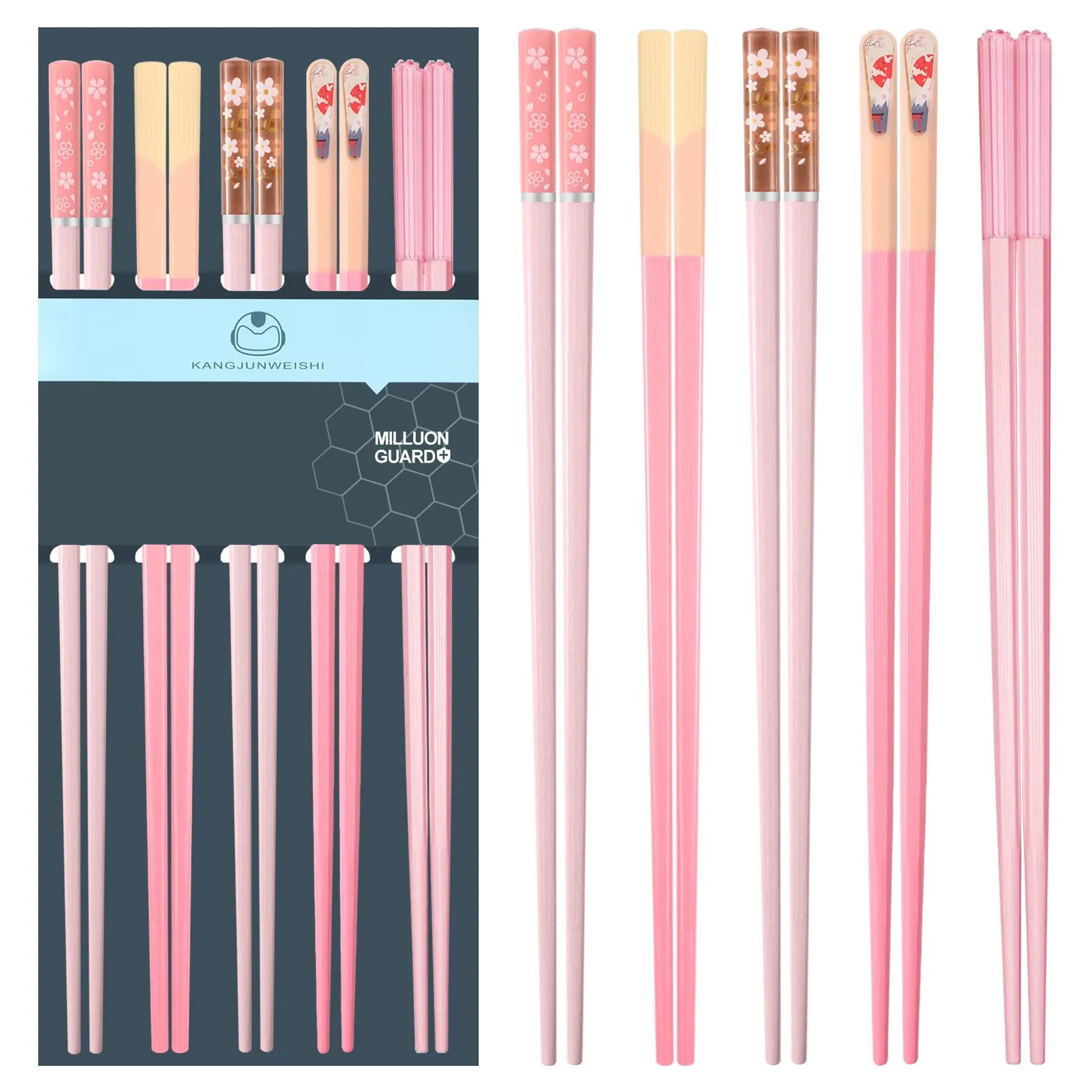 5 Pairs 9.57" Pink Fiberglass Reusable Chopsticks - Non - slip, Dishwasher Safe Gift Set, Sushi Ramen Chopsticks,Tableware, Cutlery
