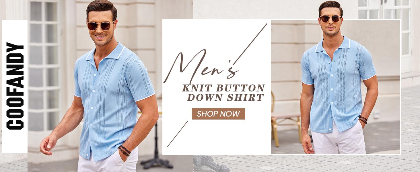 COOFANDY Men's Knit Button Down Shirt Vintage Short Sleeve Polo Shirts Casual Beach Tops Menswear