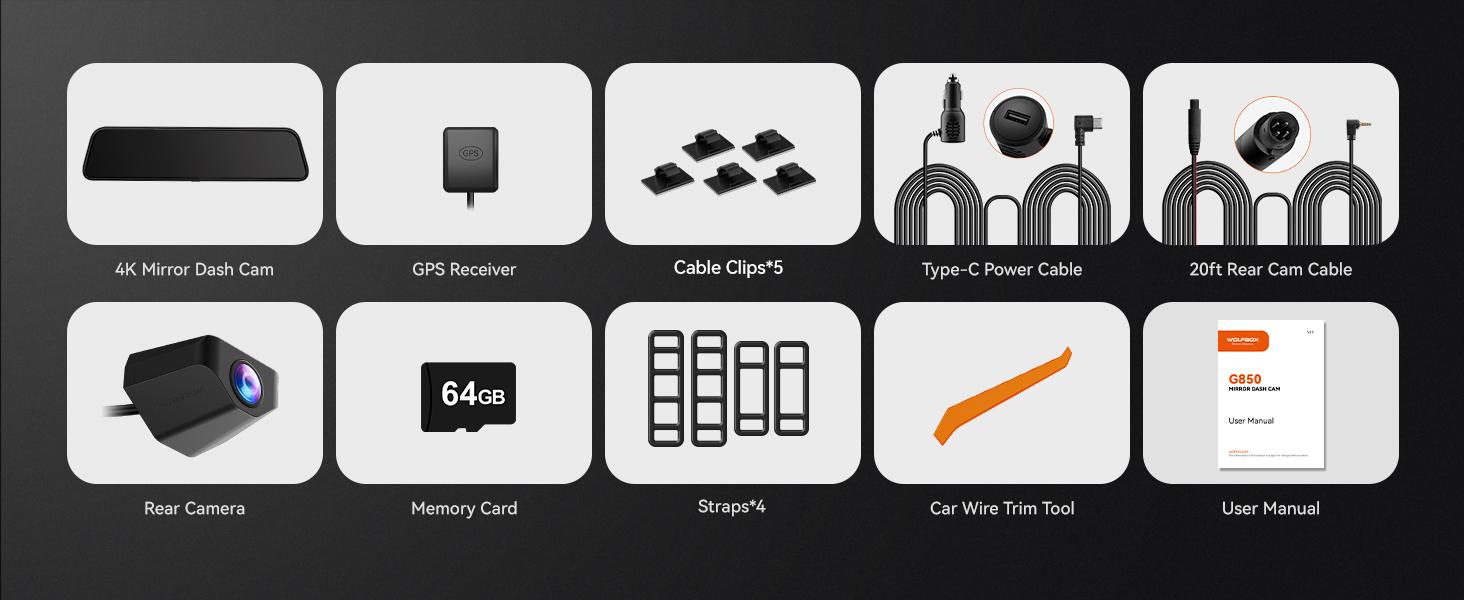 WOLFBOX G850 4K UHD Rearview Mirror Backup Camera Dash Cam with GPS 64GB Card Loop Recording Privacy FathersDayGift Protection 24 Hours Recording 5.8GHz WiFi Connectivity Intelligent Voice Control WDR Super Night Vision TikTokShopHolidayHaul