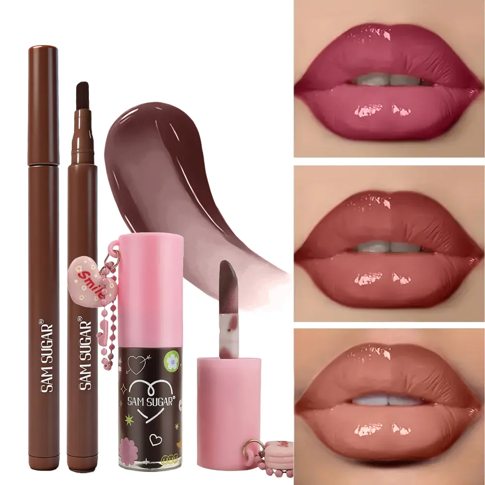 Sam Sugar Lip Liner and Lipgloss Duo Set, Lip Combo, Smooth Application, Glossy and Moisturizing Effect, Long-Lasting Vibrant Color, Suitable for All Makeup Looks, Lip Makeup Products