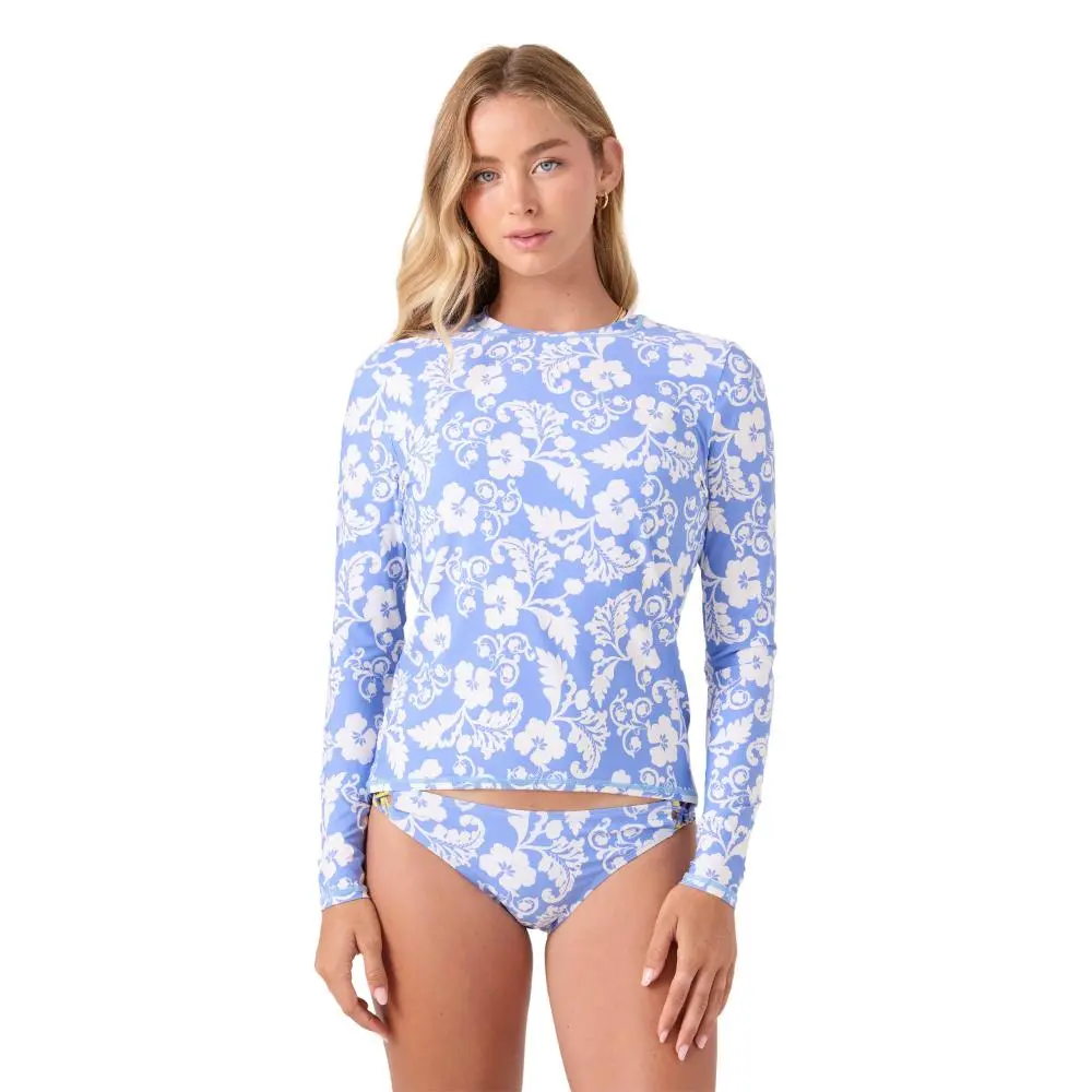 ROXY Female Long Sleeve Hibiscus Pattern Rash Guard Swimsuit - Recycled Nylon Elastane, UPF Protection Anti-UV Top, Stylish for Water & Out-of-Water Use