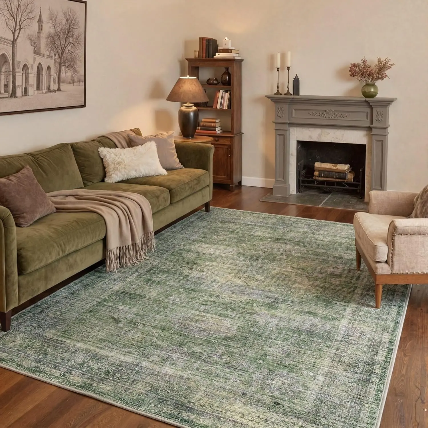 【Back To School】GENIMO Vintage Faded Non Slip Machine Washabele Runner Rugs, Soft Lightweight Floral Rugs for Hallway Entryway Kitchen Bedside Laundry Room Bathroom Corridor, Green