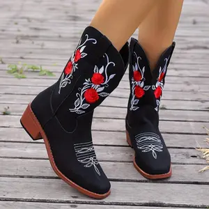 Women's Rose Western Cowboy Boots, Retro V-cut Chunky Low Heeled Mid Calf Boots, Square Toe Pull On Boots Girl Black Footwear Walking Shoes cowboy boots