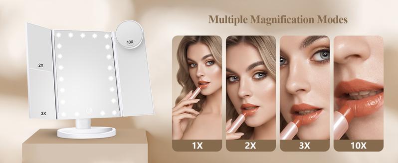 Hoodink Portable LED Light Makeup Mirror 3-fold Foldable Rechargeable Vanity Mirror with 2x 3x 10x Magnification, Touch Control Mirror for Travel Bedroom, Led Lighted Mirror