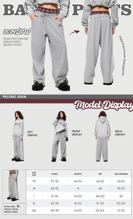 New fashion trends Double Waist Plaid Patchwork SweatPants Baggy Wide Leg Sweatpants for Women Loose Long Pants with Pockets
