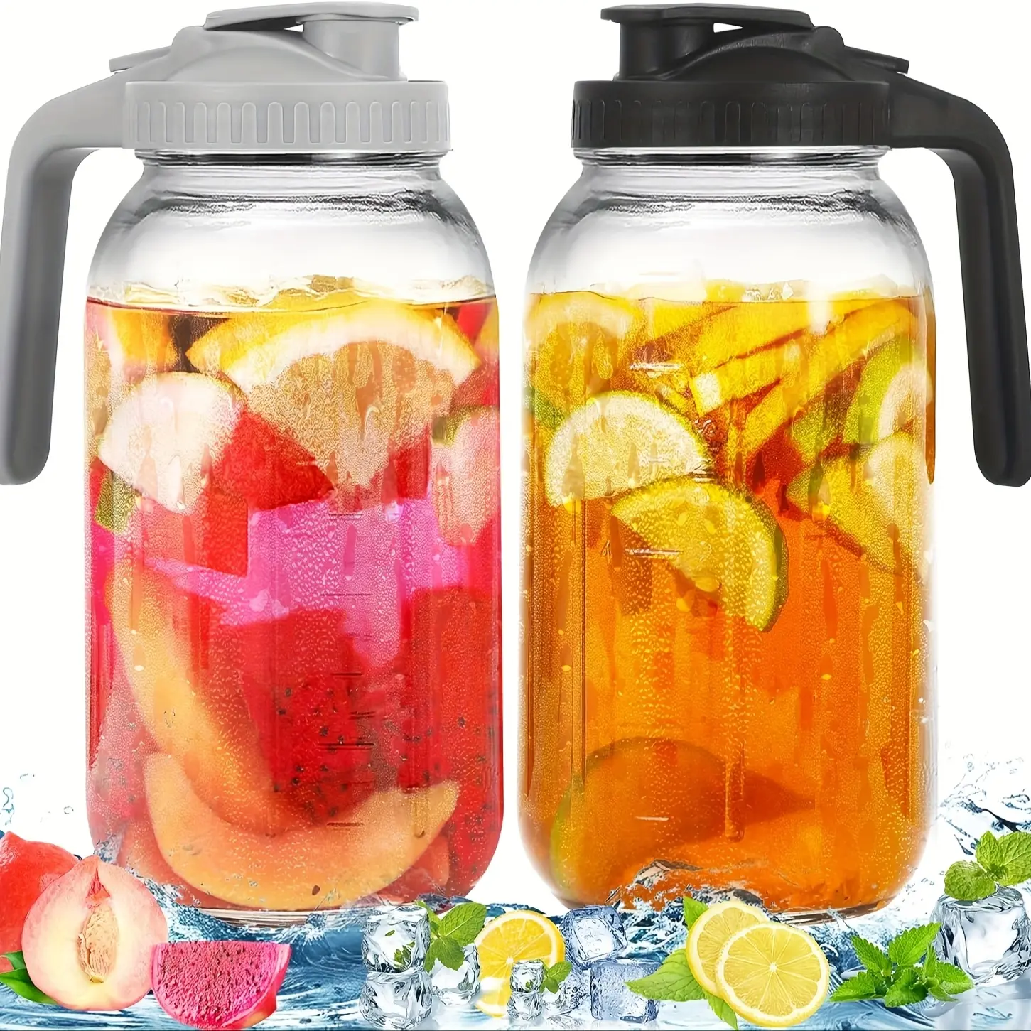 2pcs Heavy-Duty 64oz Large Capacity Glass Mason Jar Pitchers with Lids & Spouts - Wide Mouth, BPA-Free, Hand Wash Only Cold Beverage Containers for Sun Tea, Cold Brew Coffee | Classic Glass Pitcher, Large Capacity Jars