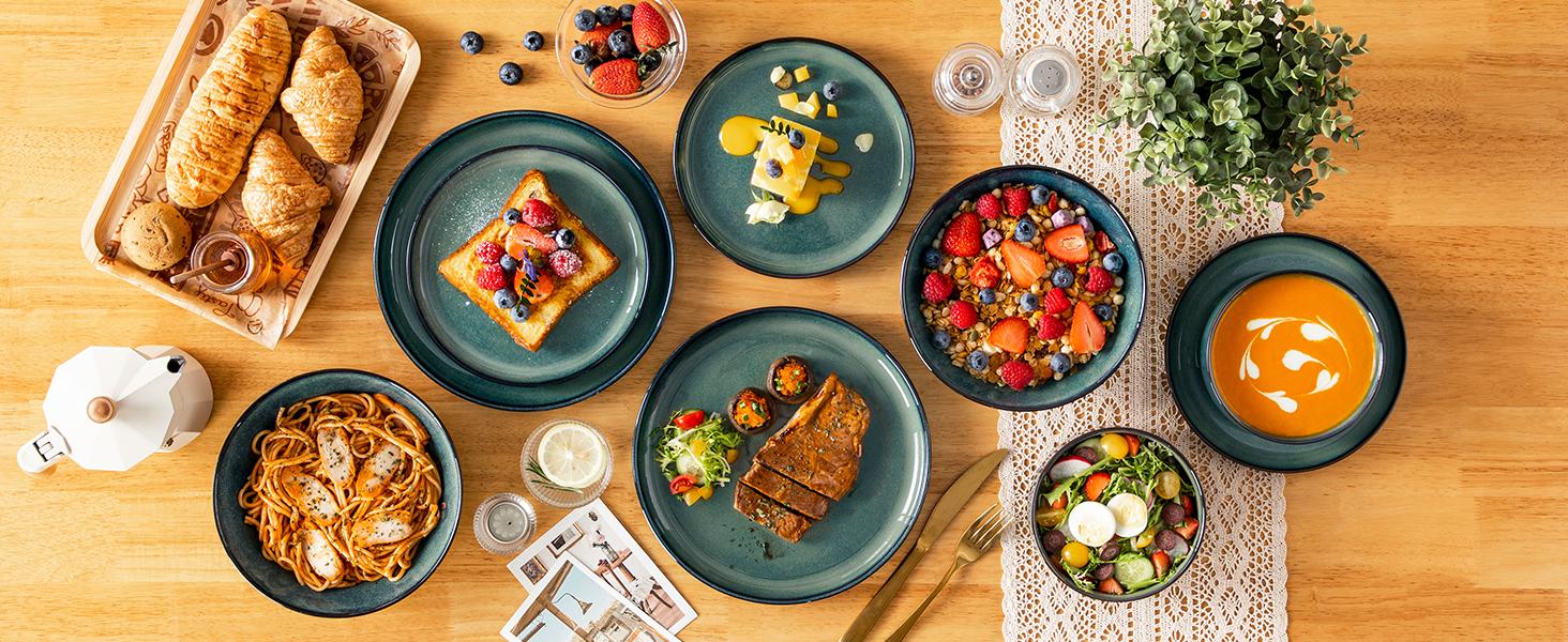 Vancasso Starry Lipped-Edge Piece Dinnerware Set, Reactive Glaze Plates & Bowls Set, Stoneware Set, Dishwasher, Microwave Safe, Cutlery Tableware set, Includes Dinner Plates, Dessert Plates, Soup Plates and Cereal Bowls