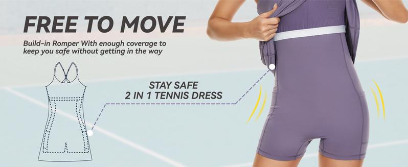 Womens Tennis Dress, 2-in-1 Golf Workout Dress with Built-in Bra & Shorts Pockets, Athletic Dresses with Adjustable Strap