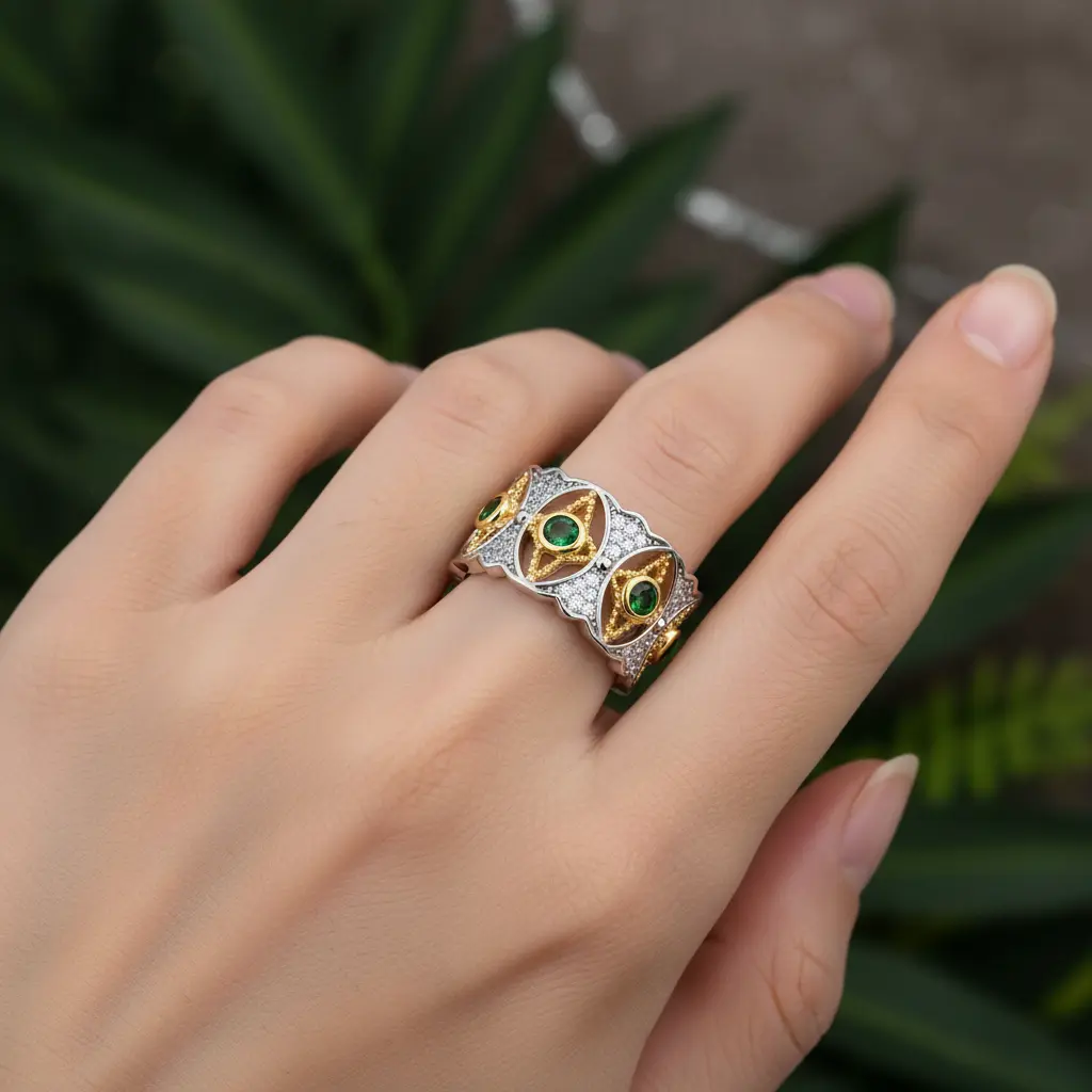 S925 Sterling Silver Star Ring, Unisex Wide-Band Dual-Tone Design with Green CZ Pavé, Statement Jewelry for Anniversary & Holiday Celebrations, Adults, Birthday, Bold Elegance