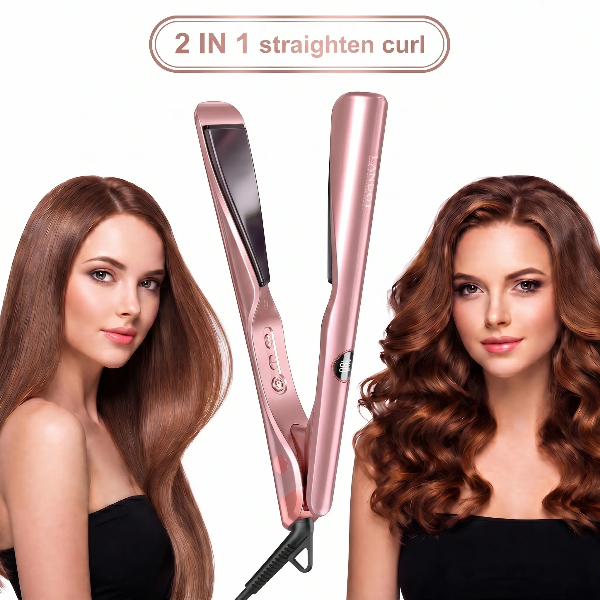 LANDOT 2-in-1 Hair Straightener and Curler, Ceramic Twist Iron Dual Voltage | Flat Curling Iron, Anti-Frizz Ionic, 12 Temps 250-450°F, All Hair Types, Fast 30s Heat-Up, Smooth Glide Floating Plates, Gift