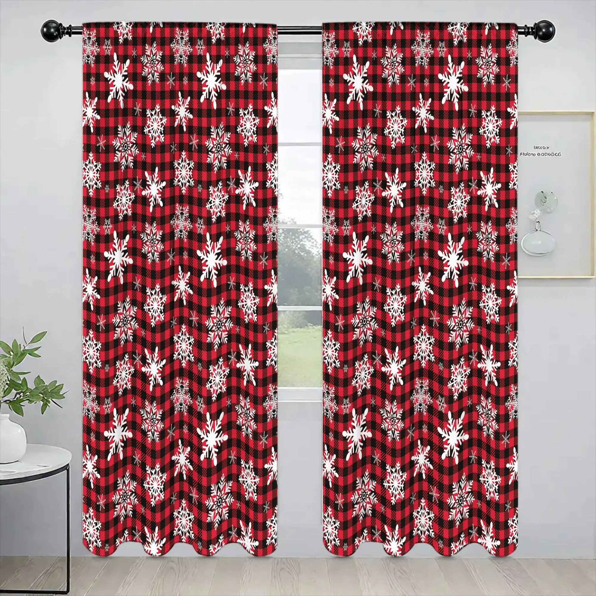 2-Panel Buffalo Plaid Christmas Window Curtains, Red-Black Check with White Snowflake Print, Light-Filtering Polyester Drapes for Bedroom, Living Room Holiday Home Decor sohochic