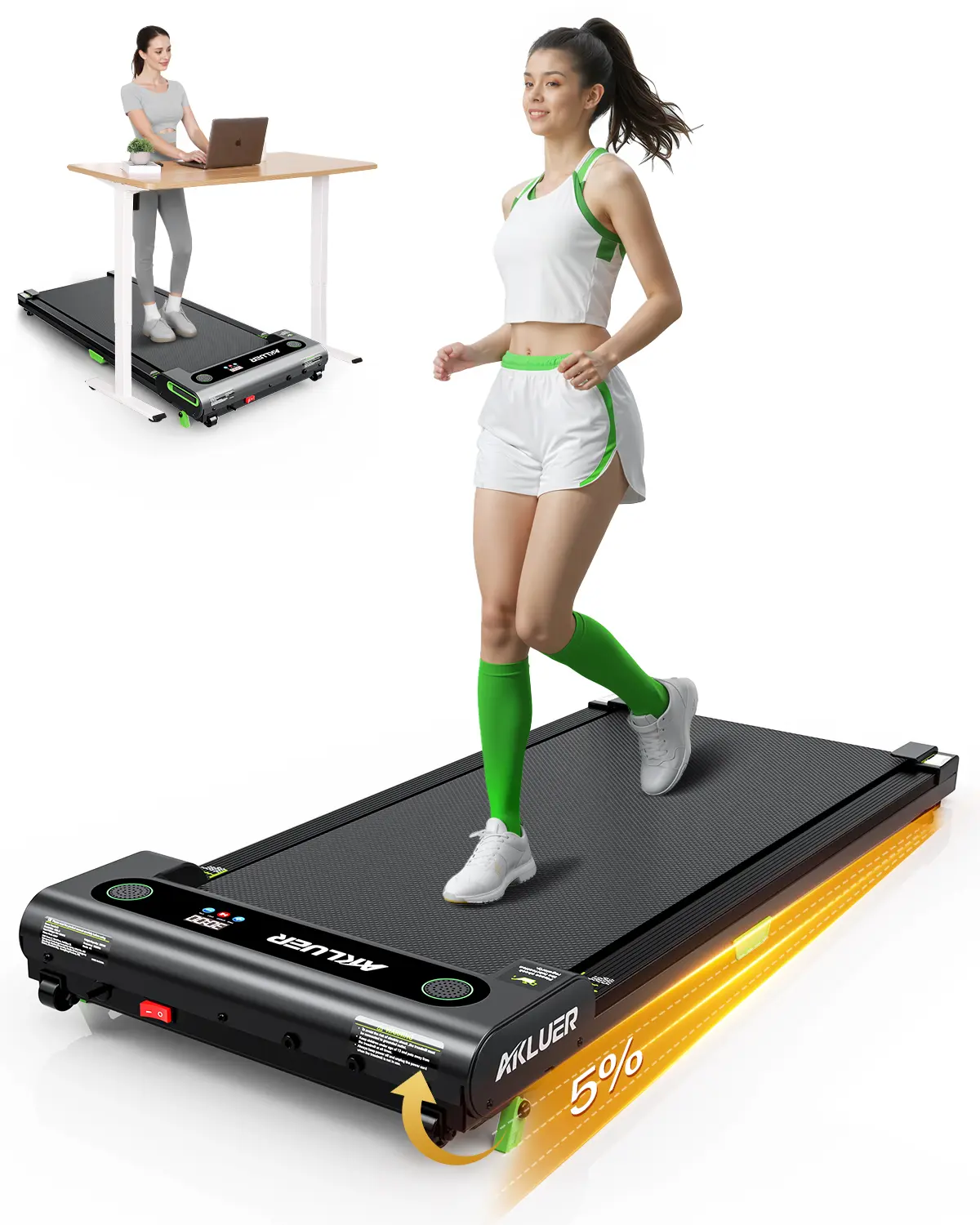 【With adjustable Incline】 Under Desk Treadmill with 5% Incline Walking Jogging Machine for Home and Office, 2 in 1 Desk Walking Treadmill with Incline