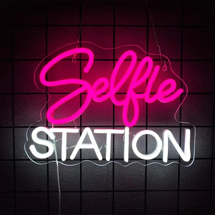 Customizable LED Neon Sign Selfie Station - Dimmable Neon Sign, Dimming Lighting, 7-Color Changing, Adjustable Brightness, Acrylic Plastic, Wall Mount/Tabletop, Home Decoration Lamp, LED Decorative Accessories, Indoor Lighting Gifting Option