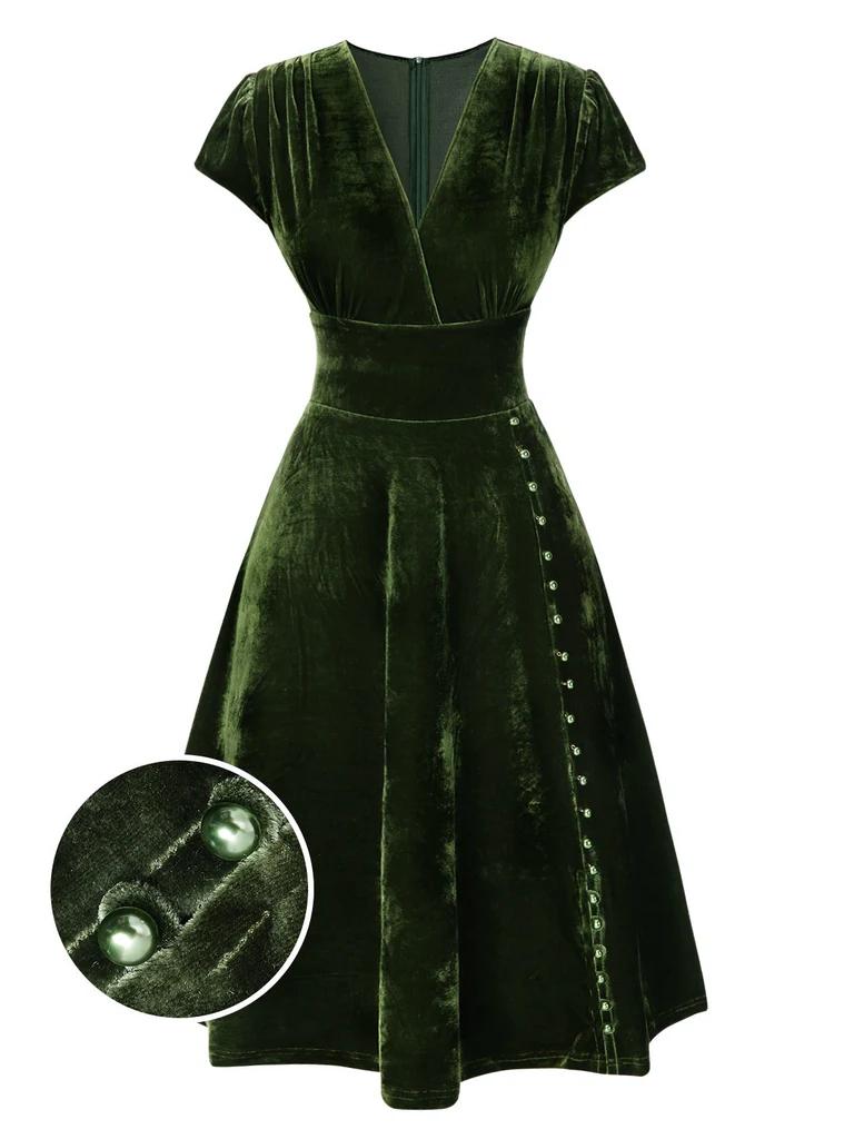 1940s Deep V-Neck Pearl Velvet Dress with Fur Buttons Vintage Casual Polyester Green Womenswear