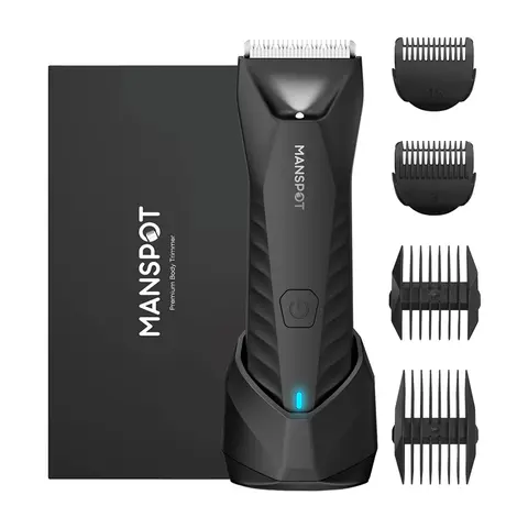 MANSPOT Electric Body & Pubic Hair Trimmer for Men - Replaceable Ceramic Blade Heads, Waterproof Wet/Dry Use, Standing Recharge Charging Station, 90 Mins Precise Shaving Time, USB-C Rechargeable, Selfcare Daily Care Tool, Gift for Dads, Boxed