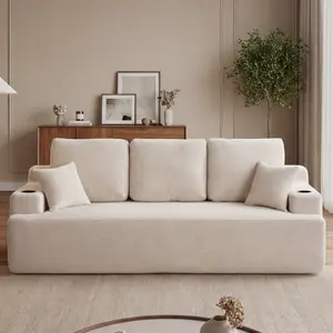 87” Boneless Sofa Couch with 2 Pillows Extra Deep Seats, Corduroy Fabric 3 Seater with Cup Holder & Storage Pocket Upholstered Floor Easy Installation (Cream White, 3 Seater)