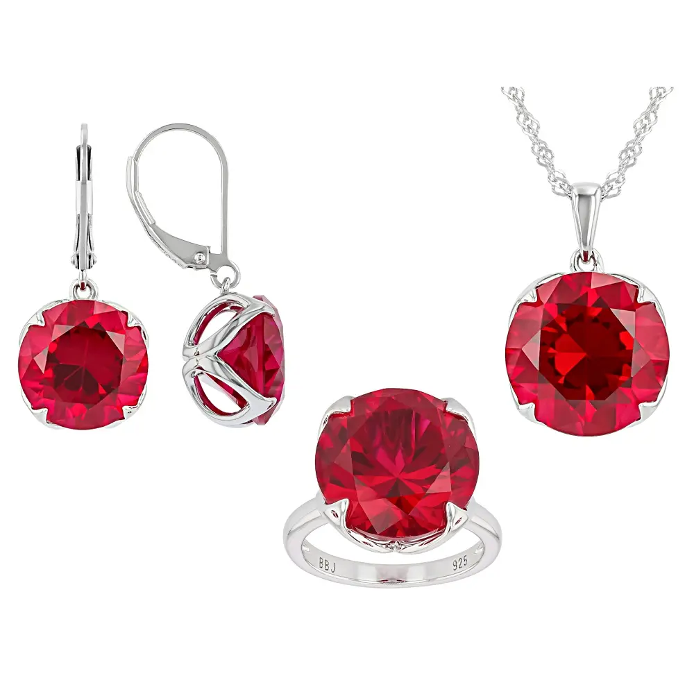 JTV Unisex Lab-Created Red Ruby Jewelry Set - Rhodium-Plated Silver Ring, Earrings, Round Cut Pendant with 18" Singapore Chain, 41.00ctw Lobster Clasp Adults' Artificial Gemstone Set