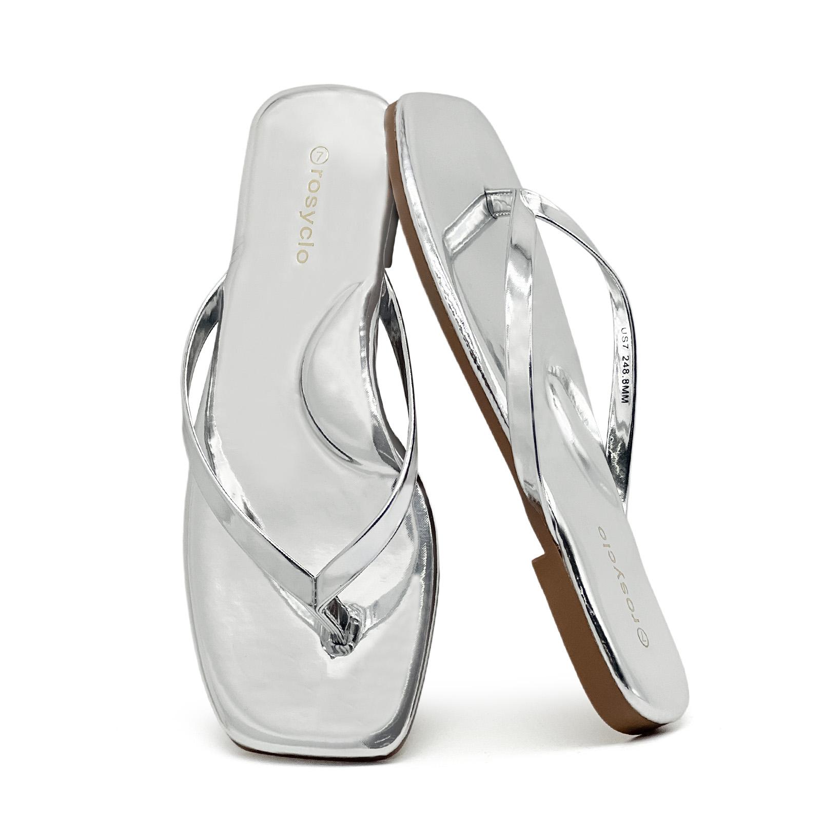 Lumubby Shiny Mirror PU Square-Toe Flip Flops Unisex Comfort Casual Sandals for Daily Wear Lightweight Easy to Clean Stylish Design Summer Shoe Flipflop