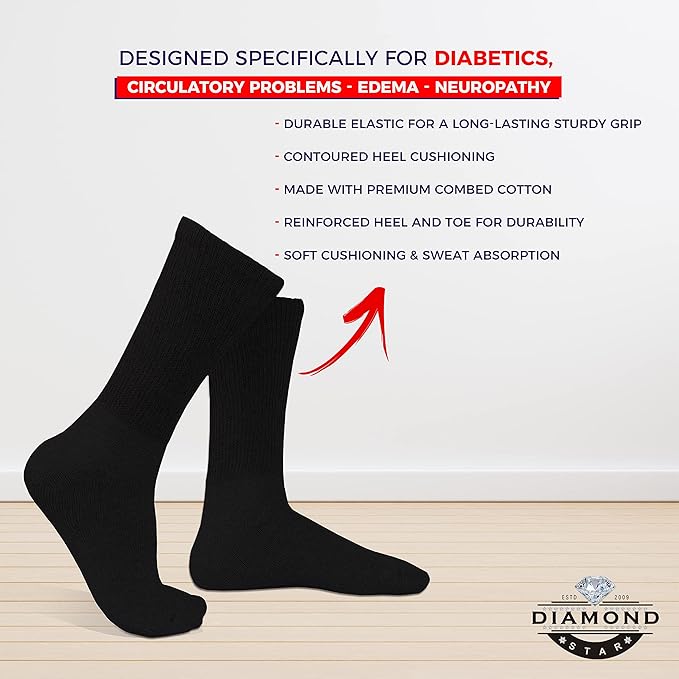 DIAMOND STAR 3-12 Pairs Diabetic Socks, Non-Binding Circulatory Cushion Cotton Crew Diabetic Socks for Men Women Menswear