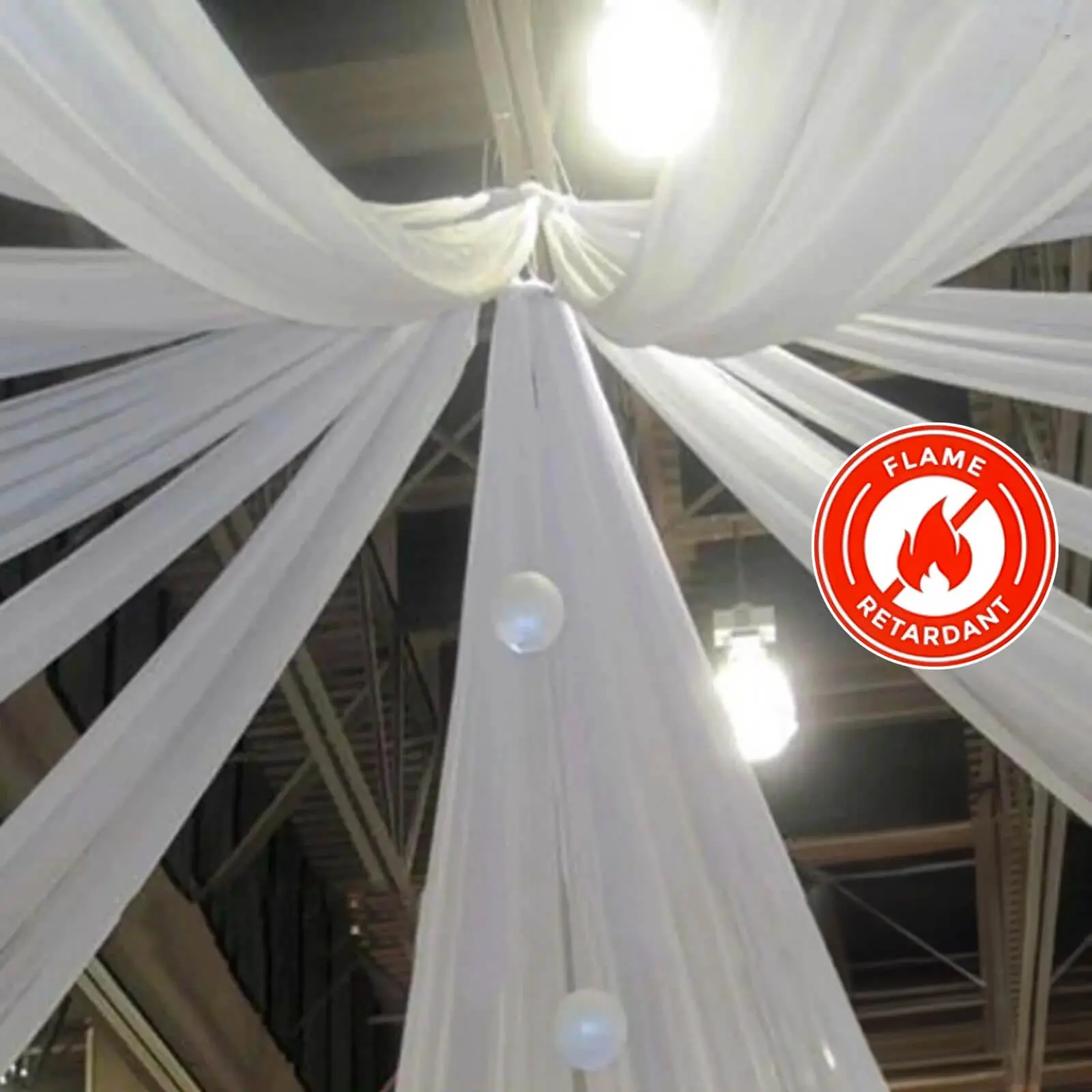 10ftx30ft White Sheer Chiffon Ceiling Drape Panels - Fire-Resistant, Durable Hangable Fabric Indoor Curtains, Ideal for Wedding Venues, Tents, Event Decor & Photography Use