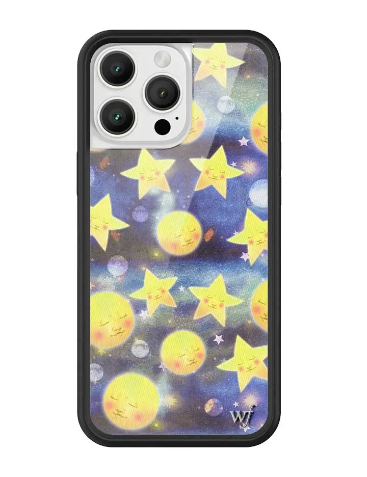 Celestial Dreaming | Limited Edition Trendy iPhone Case | Raised Protective Black Bumper | Women Owned Small Business | Vibrant Blue and Black Galaxy Background Shining Stars and Bright Moons | Safety Casing Protective | Gift for Her