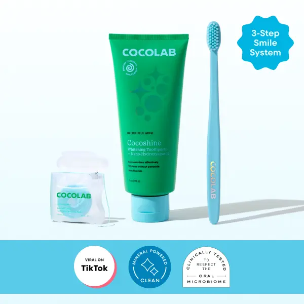 COCOLAB SmileCare System Bundle – 1 Cocofloss Dental Floss + 1 Cocobrush Toothbrush + 1 4oz Cocoshine Mint Whitening Toothpaste with 15.5% NanoXIM Nano-Hydroxyapatite — Dentist-Designed Oral Care for a Cleaner, Brighter Smile