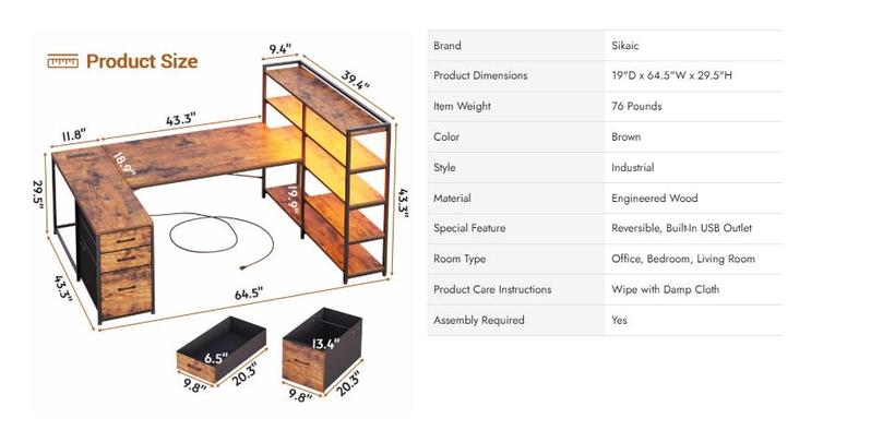 Sikaic 64.5 inches Reversible L Shaped Desk with Storage Shelves U Shaped Gaming Desk with 3 Drawers Power Outlet & LED Strip