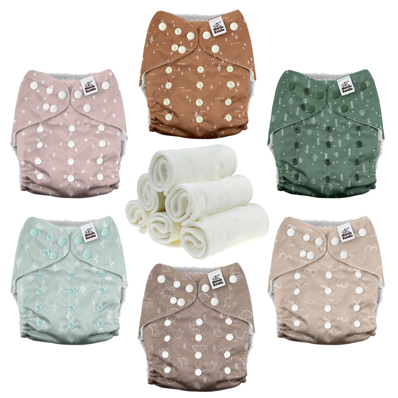 Mama Koala 3.0 Unisex 1-Size-Fit Pocket Cloth Diapers for Babies, 6-Pack with 6 4-Layer Bamboo Poly Inserts, AWJ Lining, Anti-Leak Reusable Washable Diapers (631A), One-Size-Fit
