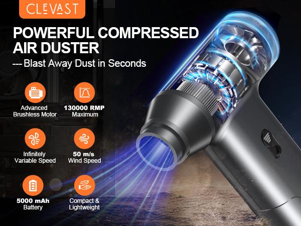 [Camping Essentials] CLEVAST Compressed Air Duster – Super Power Cordless Electric Mini Air Blower, 130,000 RPM Brushless Motor, Stepless Speed Control, Rechargeable for PC, Keyboard, Car, Electronics Cleaning Kit