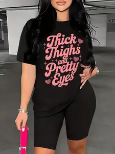 Women'S Plus Size Women'S Clothing Set Thick Legs And Pretty Eyes Black Crew Neck, Casual Sports, Machine Washable, Suitable for All Seasons