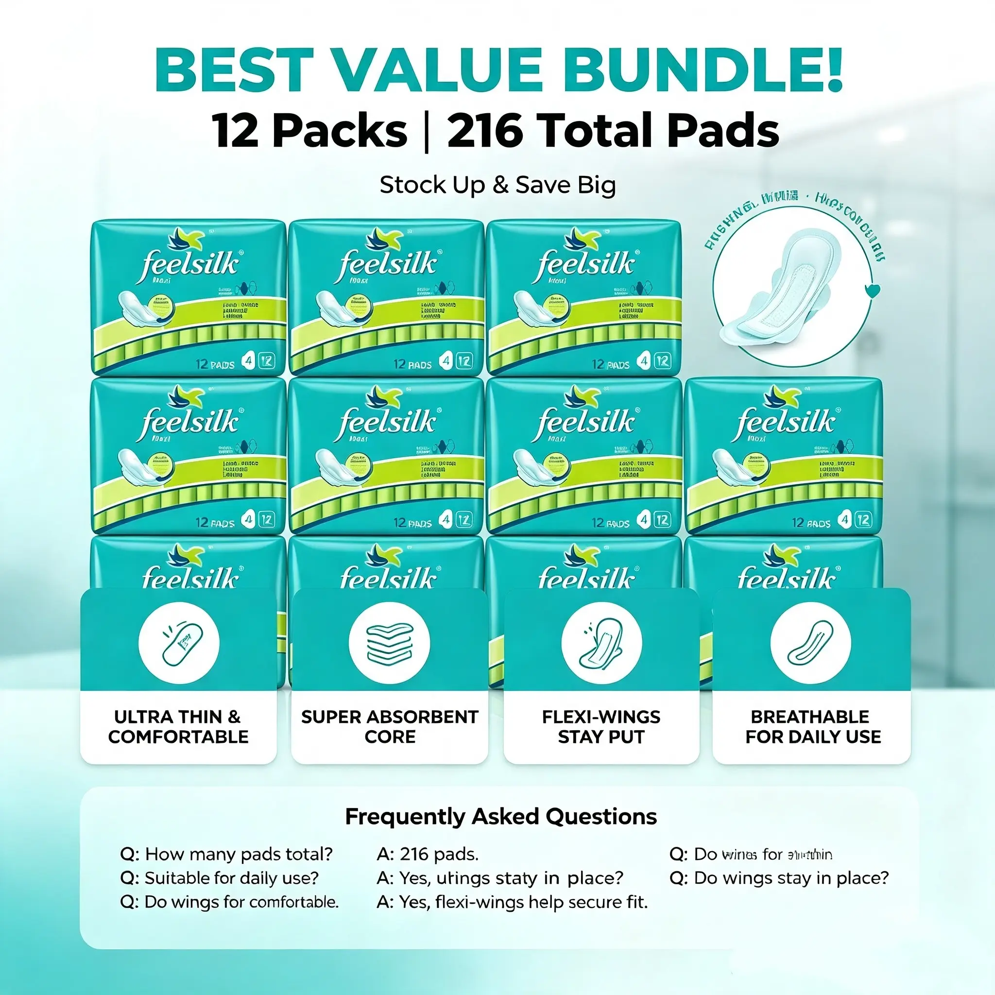 Bulk Stock Feelsilk Everyday Winged Feminine Pads, Ultra Thin Breathable Super Absorbent Daily Flow Menstrual Napkins, Flexi-Wings Stay Put Design Long-Term Supply Feminine Care Multipack 216 Pads