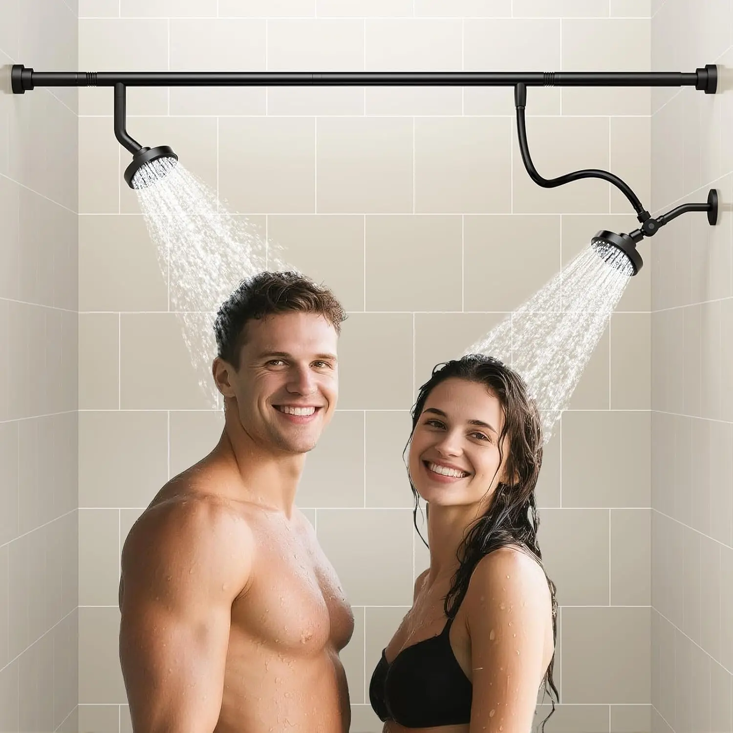 Dual Shower  for Couples, High  Double Shower Heads for Two People Rod, Two Showerhead System Fit 2 Person, Birthday Gifts for Women Men, Easy Install, -Like Water  (Black)
