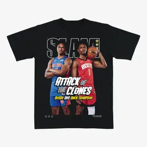 Ausar & Amen Thompson “Attack of the Clones” Basketball T-Shirt – Black Graphic Tee Featuring SLAM Style Twin Pro Hoops Star Design
