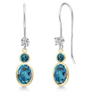 Gem Stone King 14K Two Tone Gold London Blue Topaz and Lab Grown Diamond Dangle Earrings for Women | 2.40 Cttw | Gemstone November Birthstone | Oval 7X5MM