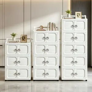 Foldable Stackable Storage Cabinet with Top Handle & Lockable Wheels, Collapsible Plastic Storage Organizer with Ribbed Double Doors & Ring Pull Handles, Dustproof Rolling Storage Chest for Clothes, Toys, Bathroom & Kitchen, White
