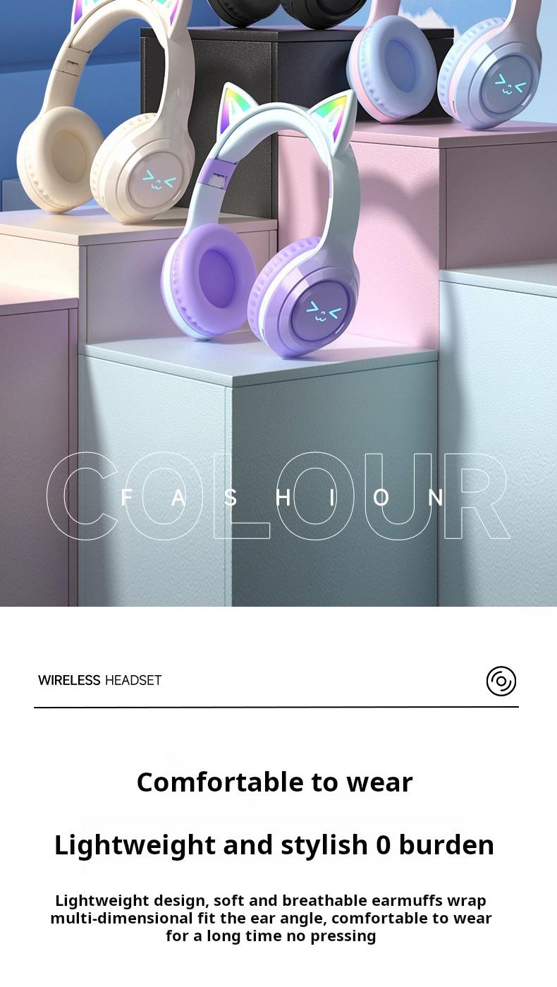 Wireless Bluetooth Cat Ear Headphones with Built in Microphone LED Light Up Foldable Over Ear Headphones for Phone Tablet iPad Laptop Computer Cute Gift for Kids Teens and Adults