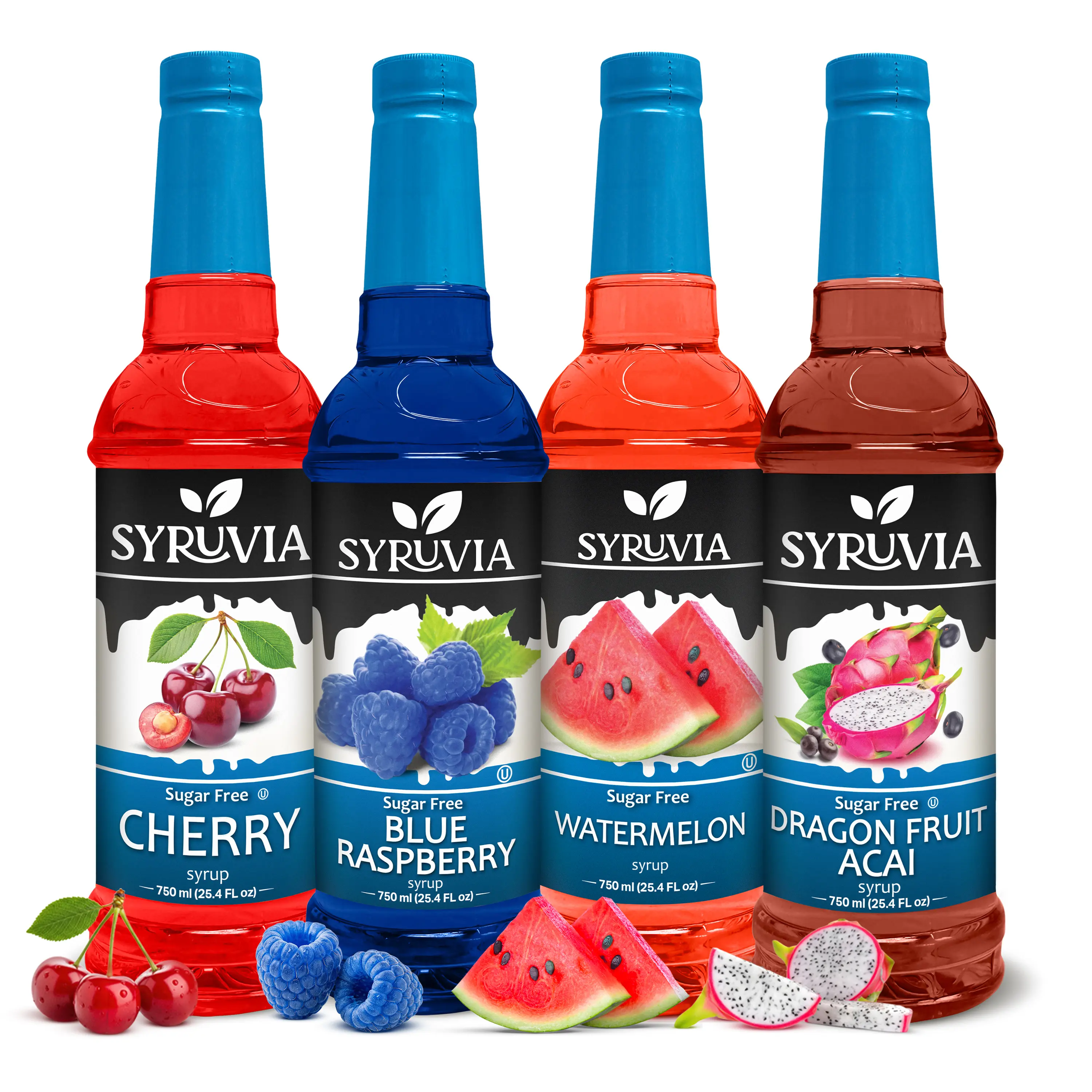Syruvia Sugar Free Syrup, Fruit Flavors Variety Pack – Cherry, Blue Raspberry, Watermelon & Dragon Fruit – Gluten-Free, Kosher, 25.4 fl oz Bottles – Flavorful Syrup for Lemonades, Cocktails & More (Pack of 4)