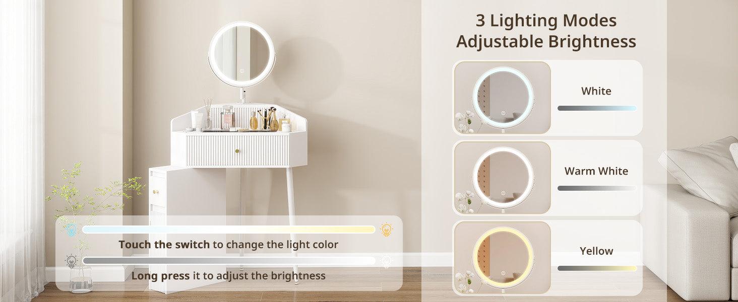 Corner Makeup Vanity Desk with Retractable and Rotating Mirror and Lights Small Modern White Makeup Vanity Set with Glass Top for Women Compact Girls Dressing Table with Drawer for Small Space MVD8004